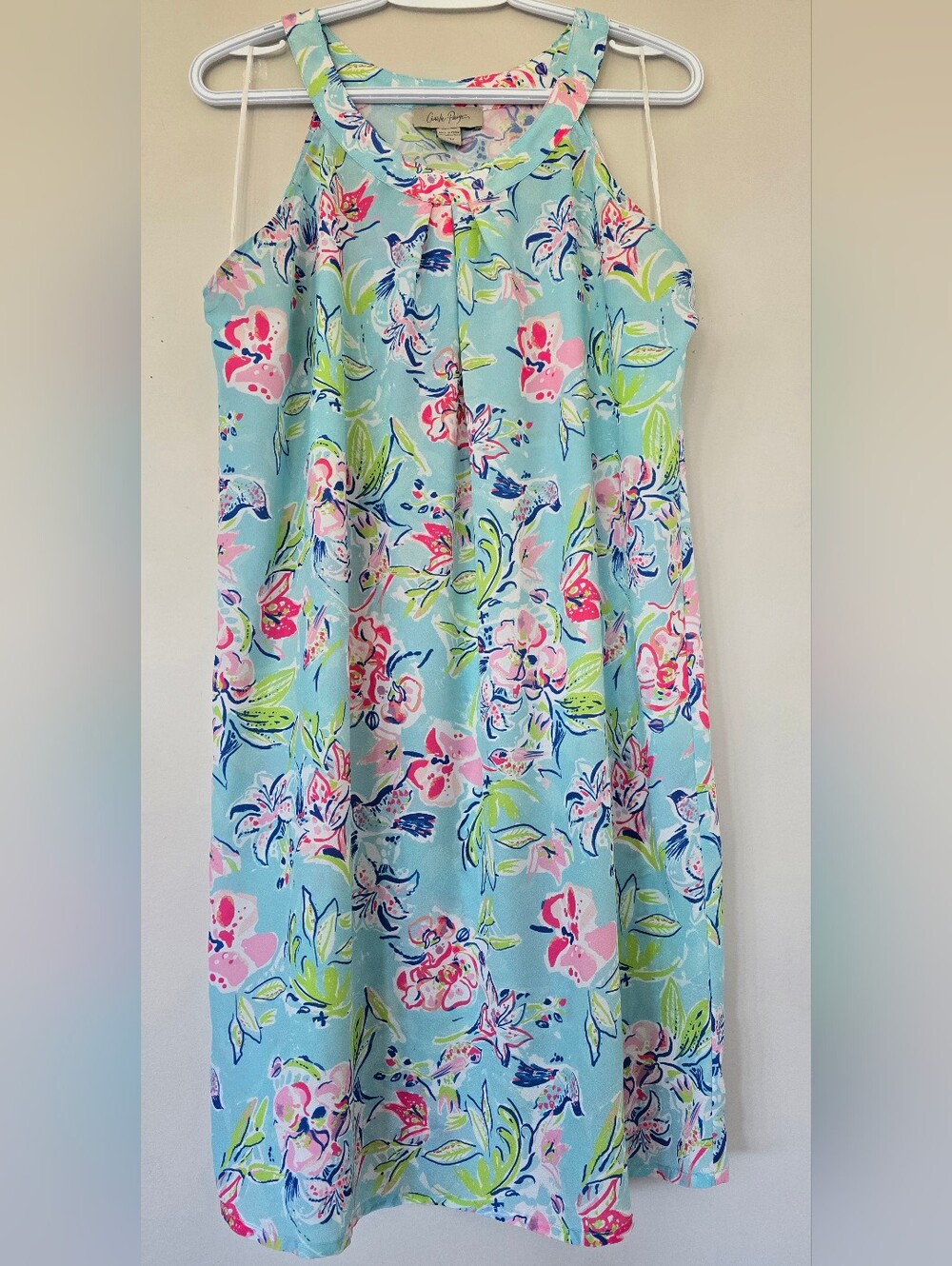 Charlie Paige Light Blue Floral Midi Dress with Pink & Green Accents.semi Sheer.